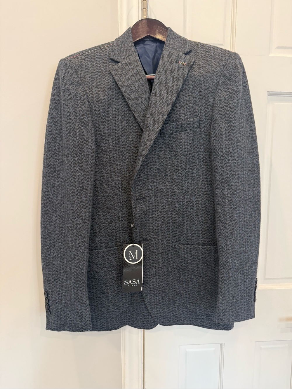 SASA Milano Men’s Navy Herringbone Blazer Size 42 NWT